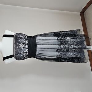 Dressbarn Midi Dress Black Overlay Grey Mettalic Emb SZ10 Y2K Coquette